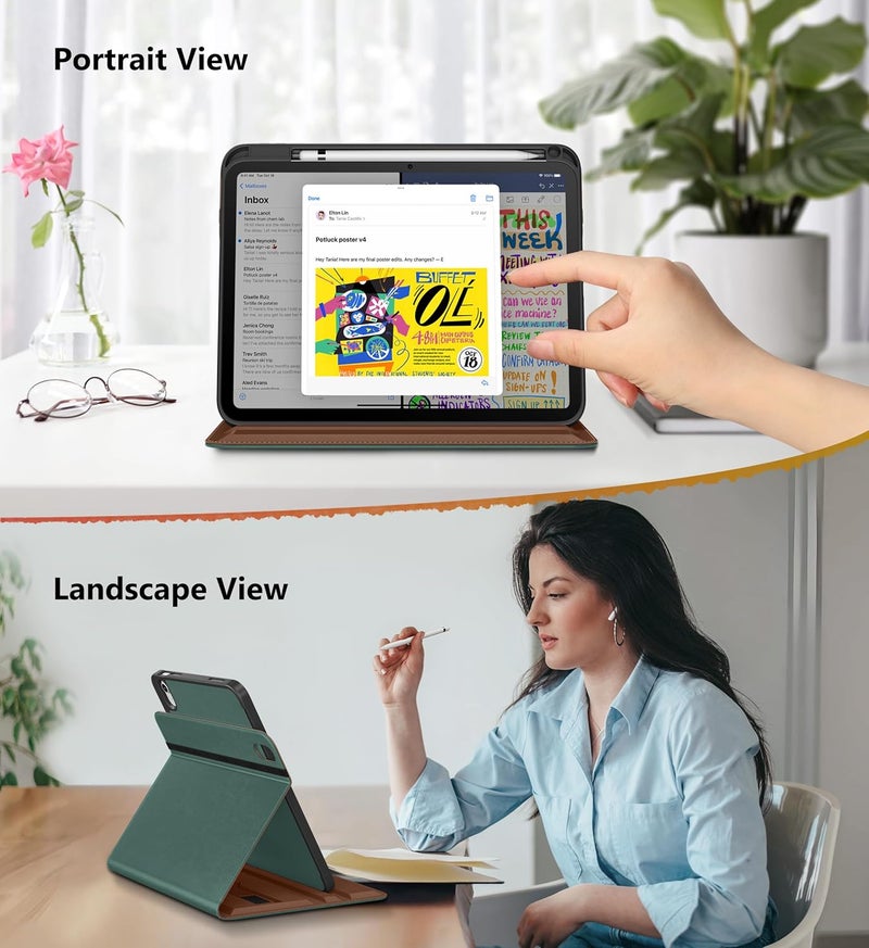 DTTO for iPad A16 Case, iPad 11th / 10th Generation Case (2025/2022), 360 Degree Rotating Premium Leather Folio Stand Cover with Pencil Holder, Midnight Green - Image 3